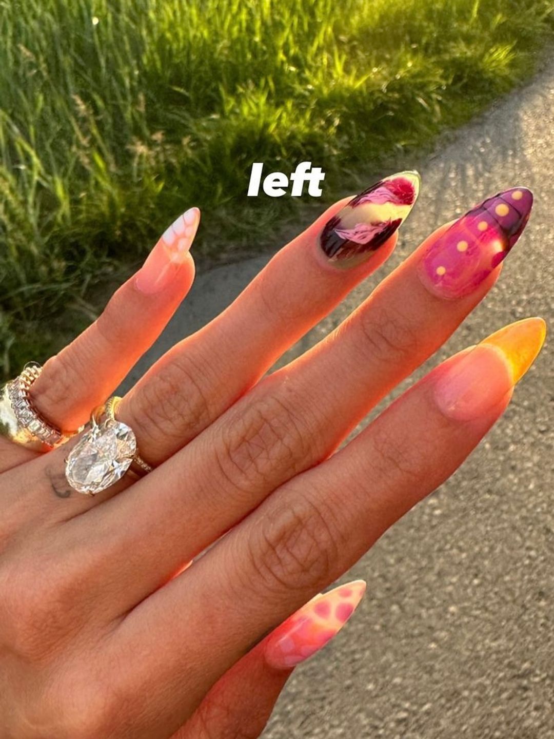 Hailey Bieber's almond-shaped colourful manicure 