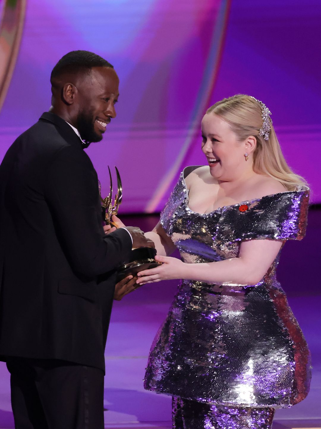 (L-R) Lamorne Morris accepts the Supporting Actor in a Limited or Anthology Series award for "Fargo" from Nicola Coughlan and Nava Mau onstage during the 76th Primetime Emmy Awards at Peacock Theater on September 15, 2024 