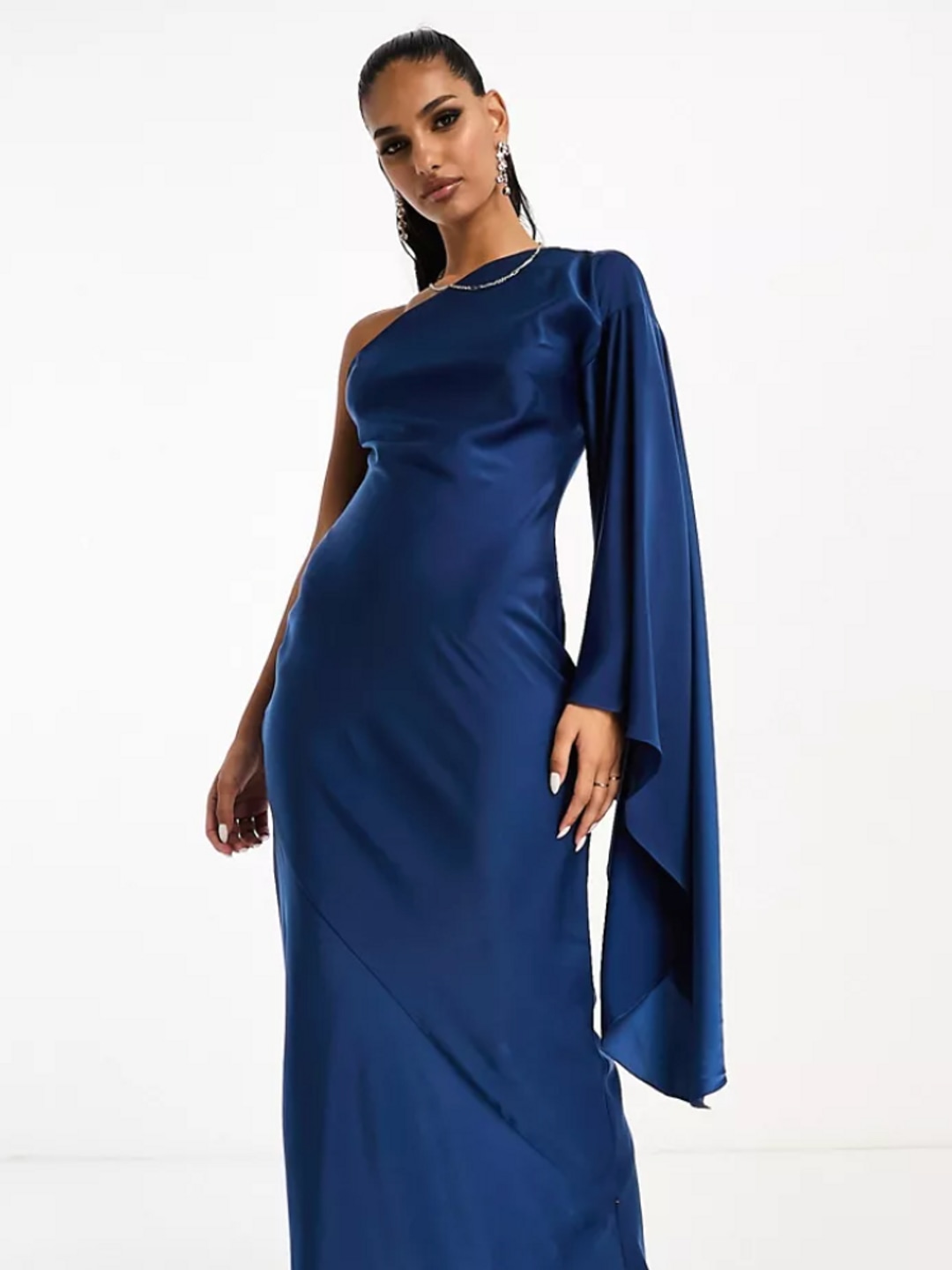 Asos model wearing blue one-shoulder dress