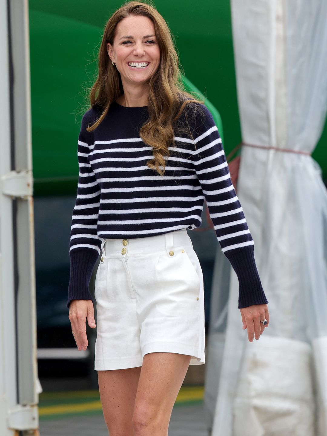 Catherine, Duchess Of Cambridge is seen during her visit to the 1851 Trust and the Great Britain SailGP Team wearing Erdem Breton and Holland Cooper