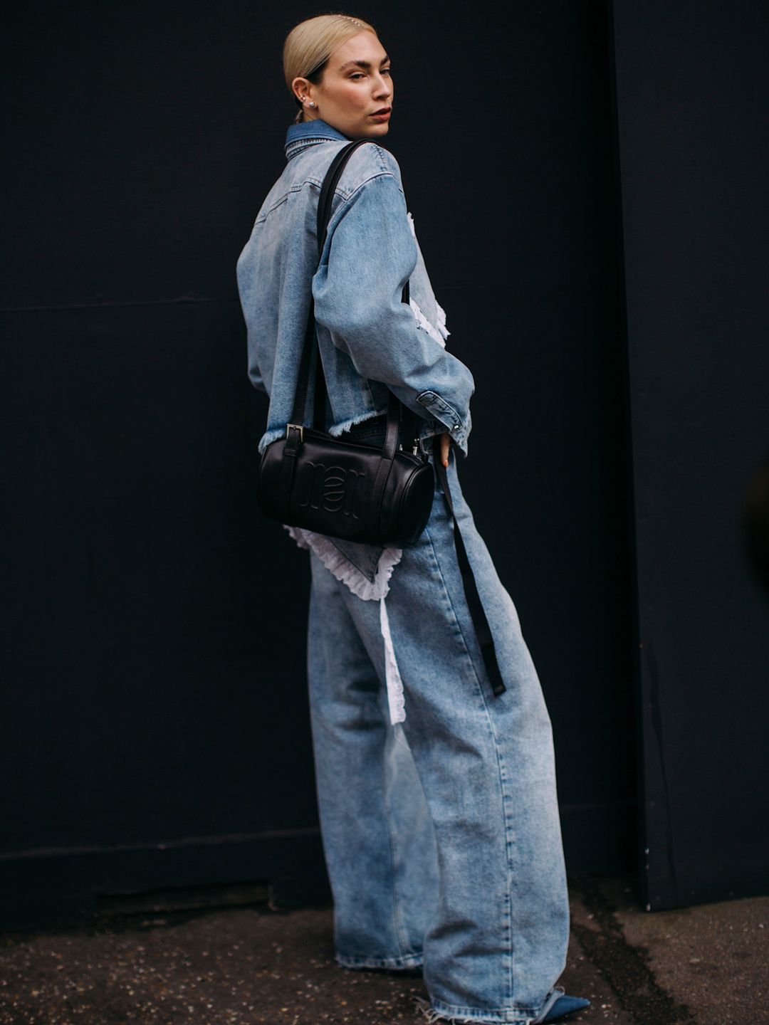 woman in double denim jeans