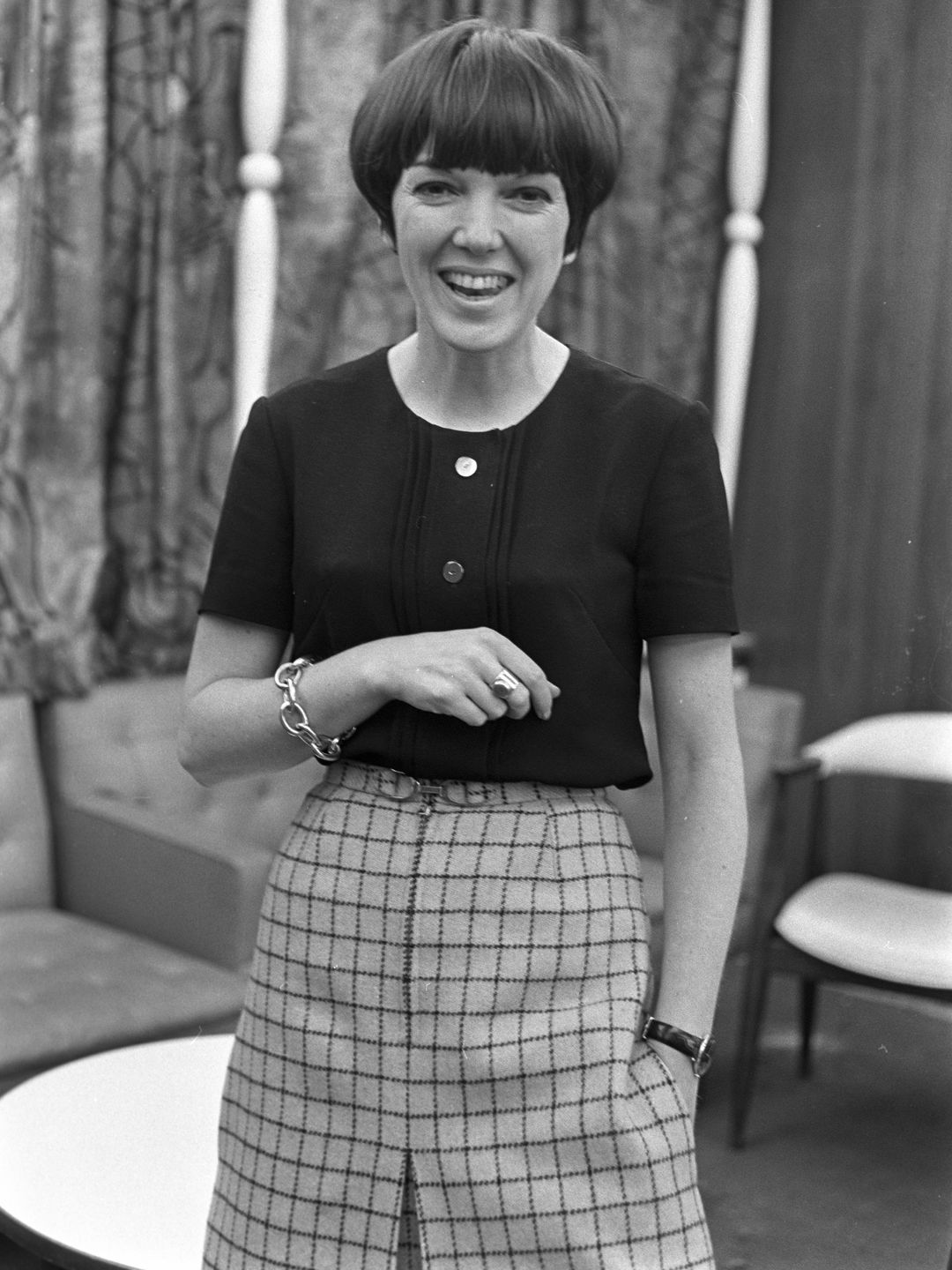 British fashion designer Mary Quant wearing a plaid skirt (Photo by Fairchild Archive/Penske Media via Getty Images)