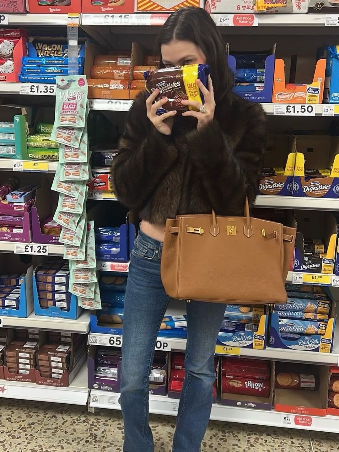 Nicola Peltz with her Birkin bag in Tesco