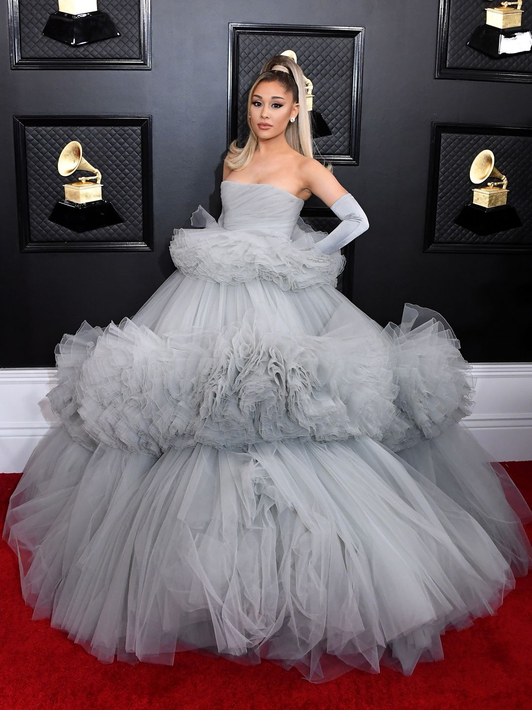 Ariana Grande wears a grey Giambattista Valli to the 2020 Grammy Awards