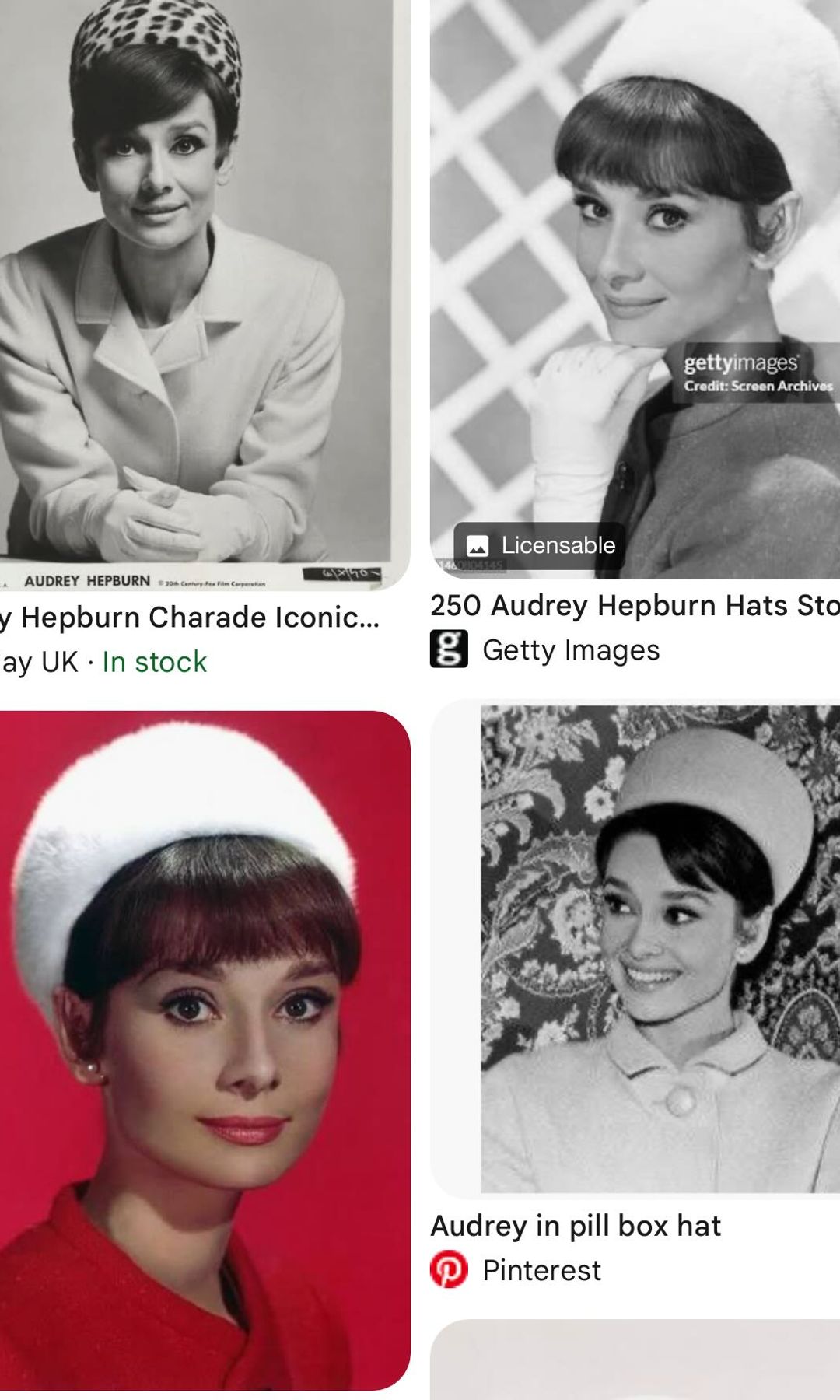 A screenshot of multiple pictures of Audrey Hepburn wearing pillbox hats 