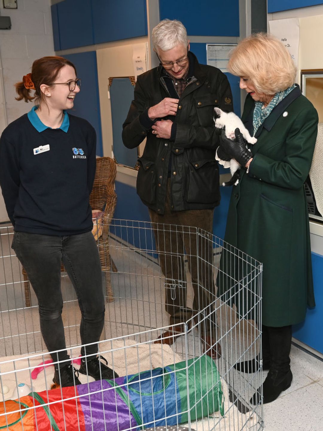 Camilla, Duchess of Cornwall, patron of Battersea Dogs and Cats Home, and Battersea Ambassador Paul O'Grady hold cats during their visit to Battersea Brand Hatch Centre