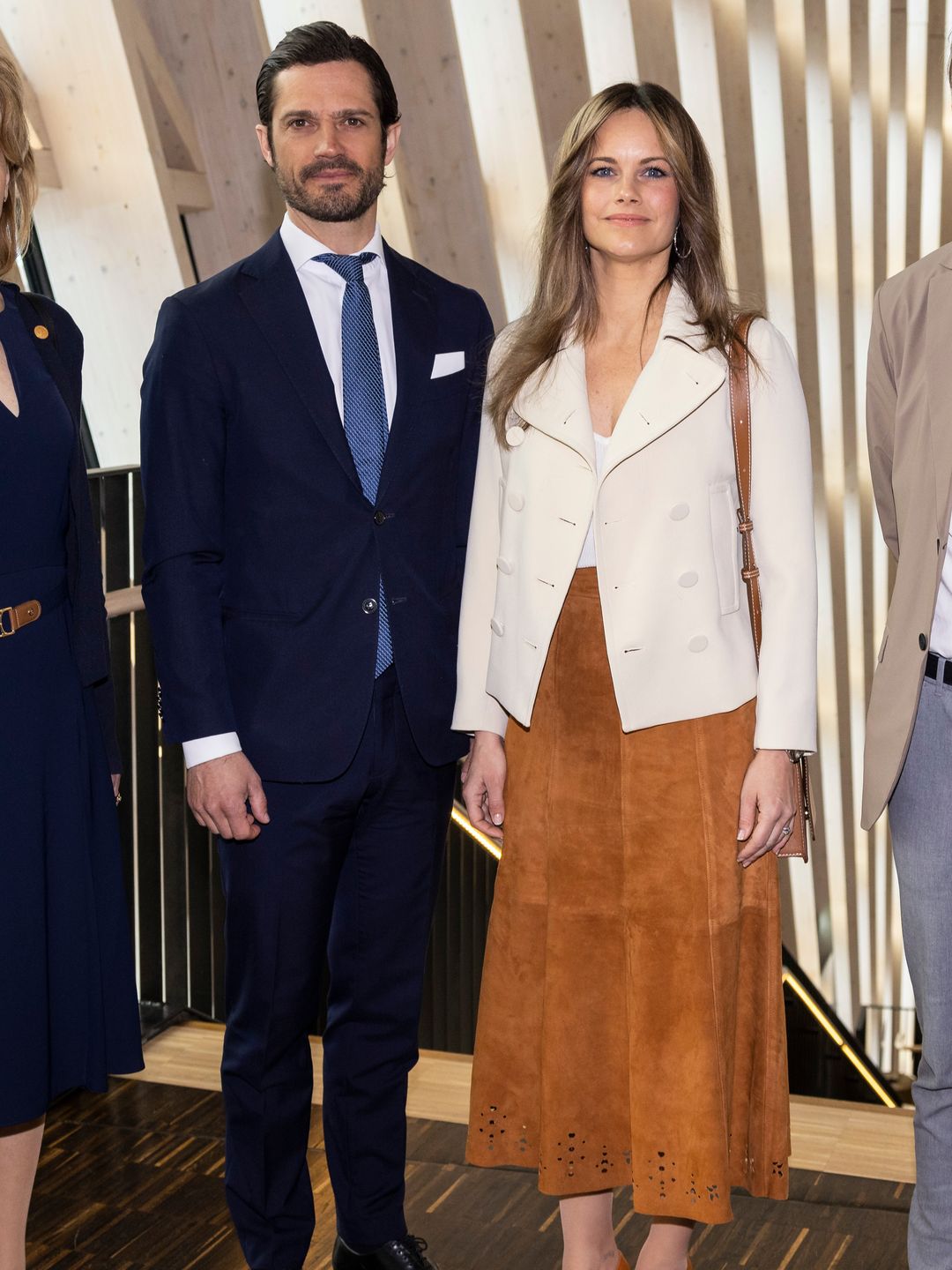 Princess Sofia and Prince Carl Philip of Sweden arrive at the Karolinska Institute to attend a seminar on "Research In Neuropsychiatric Disabilities" on April 25, 2023
