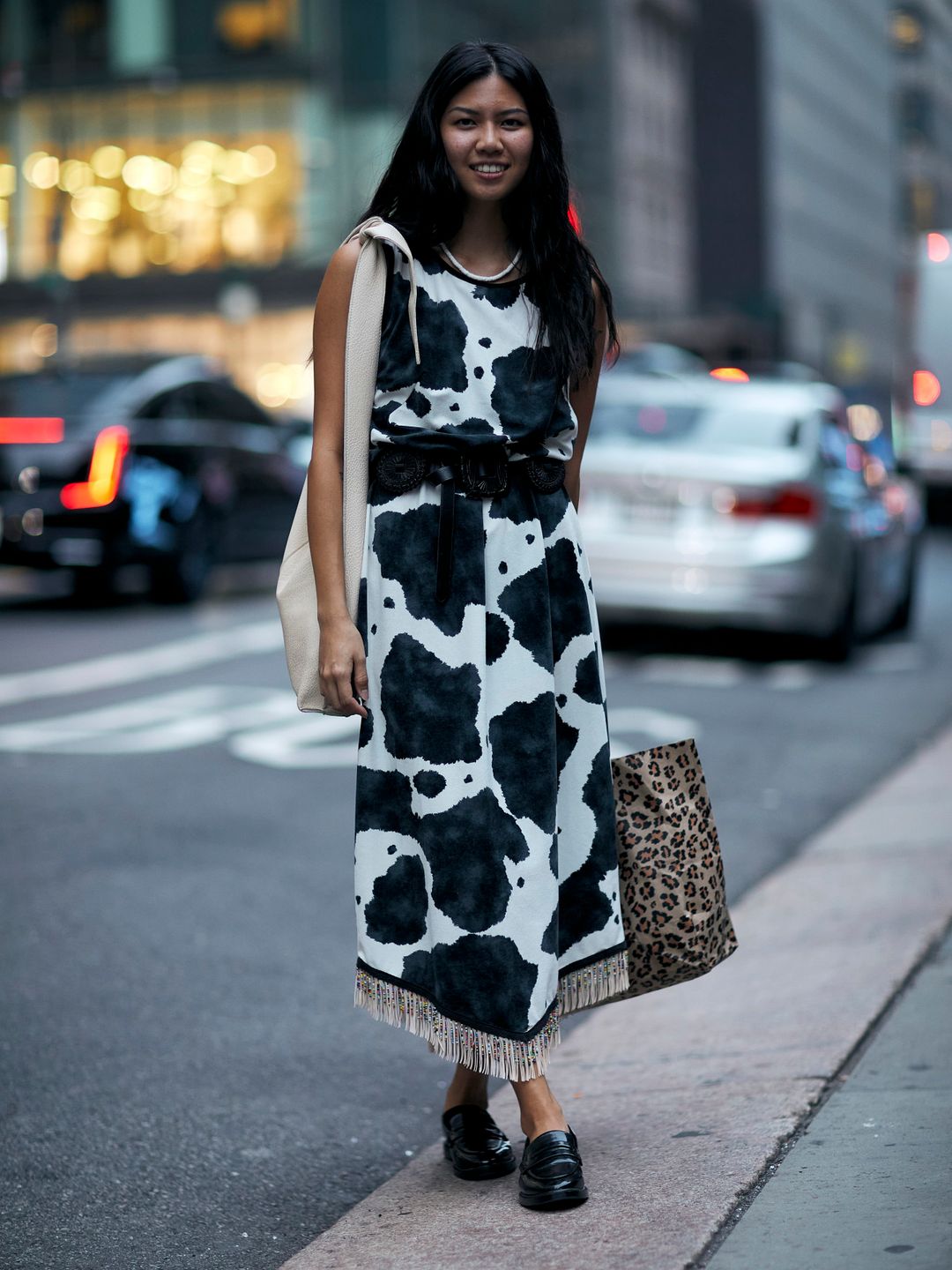 Cow print dress and loafers