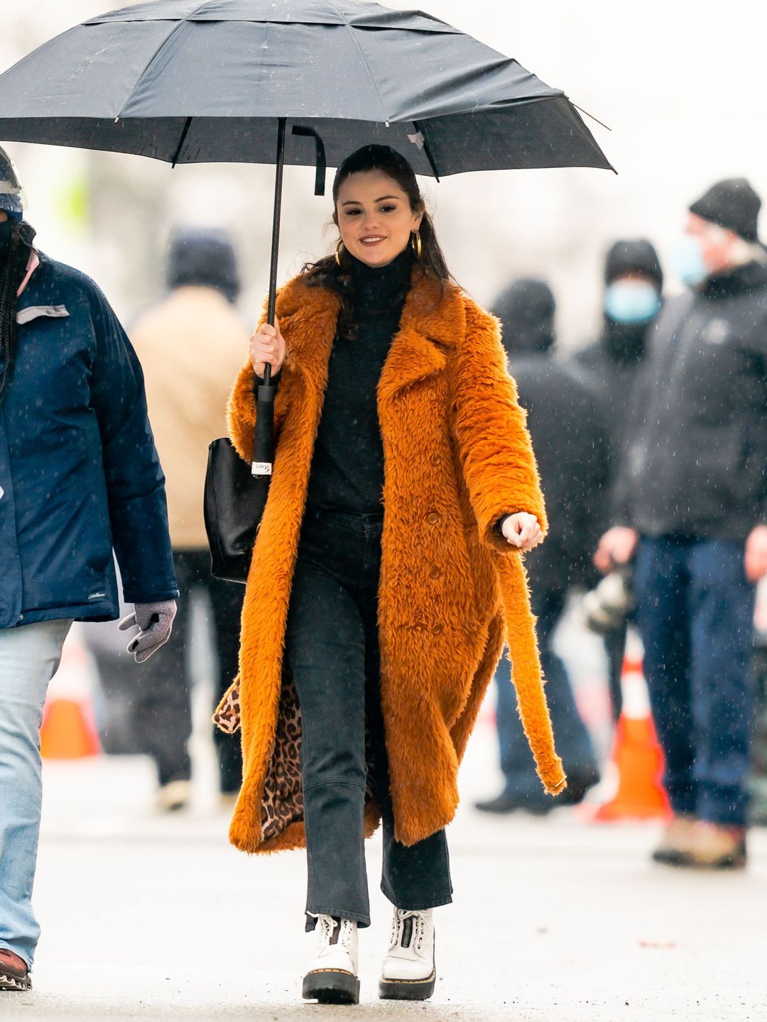 Selena Gomez is seen on set for "Only Murders in the Building" in Rockaway Beach on February 23, 2021 in New York City. (Photo by Gotham/GC Images)