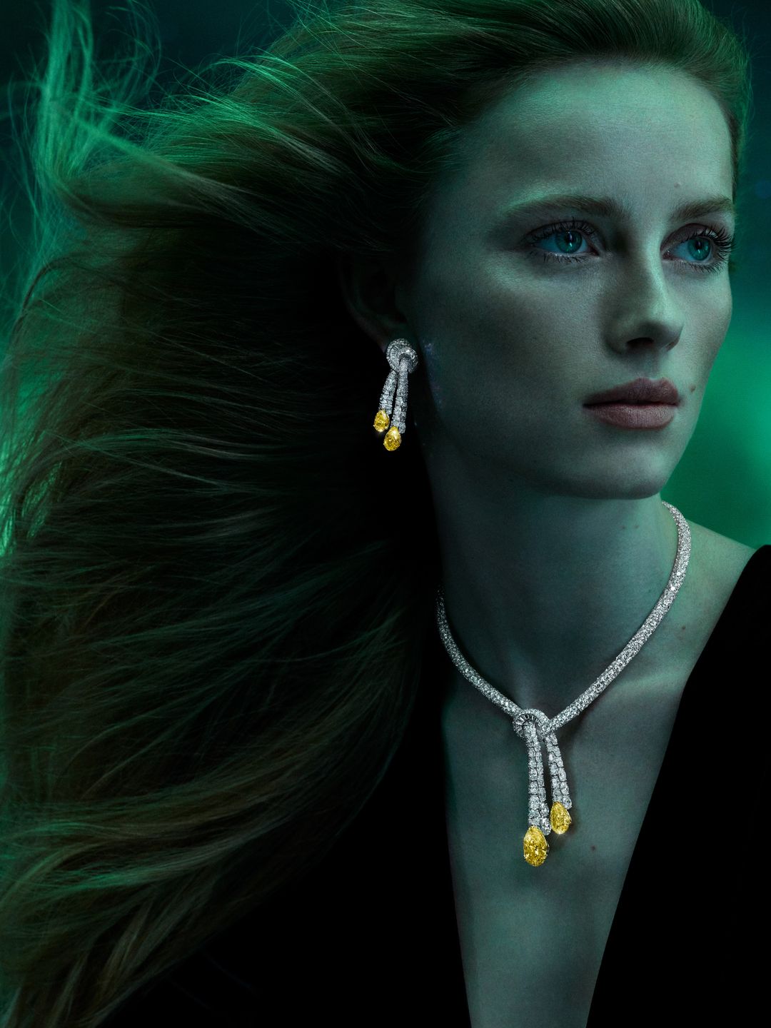 A model looks into the distance wearing jewels from Graff's latest campaign 