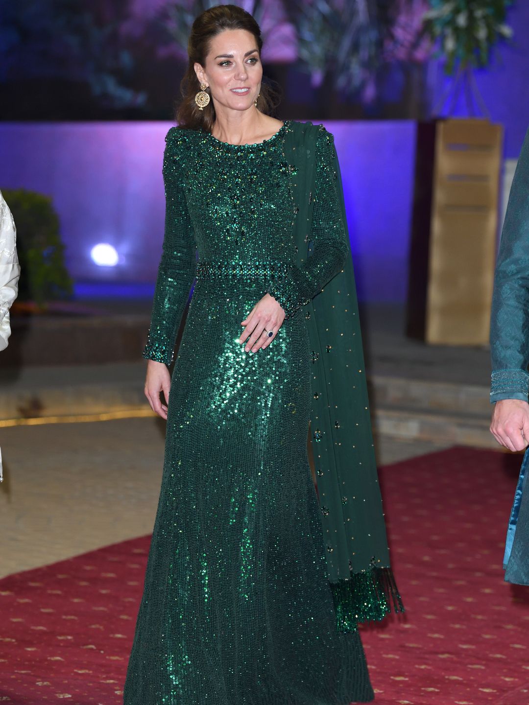 Catherine, Duchess of Cambridge attends a special reception hosted by the British High Commissioner to Pakistan at the iconic Pakistan National Monument during their Royal Tour of Pakistan wearing Jenny Packham