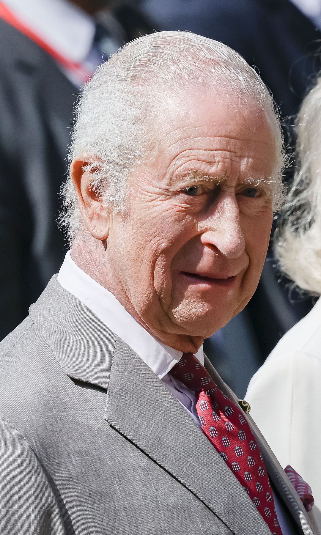 King Charles in a grey suit