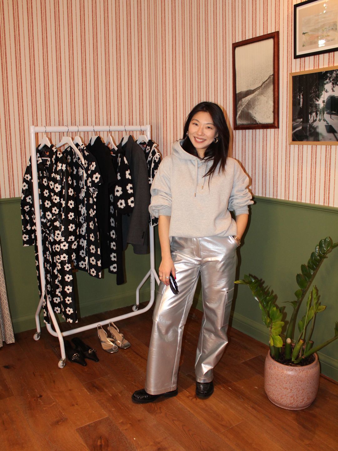 Haeni Kim poses in metallic trousers for a social media shoot