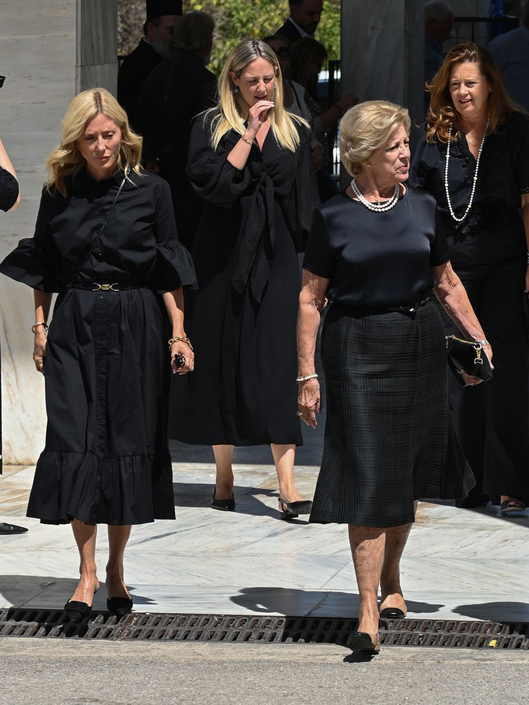 Princess Marie-Chantal of Greece attended the funeral of Prince Michael of Greece in a combination of Alaïa, Manolo Blahnik and Celine