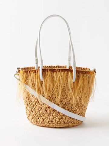 Beige Feather-Trim Raffia Basket Bag - Sensi Studio 