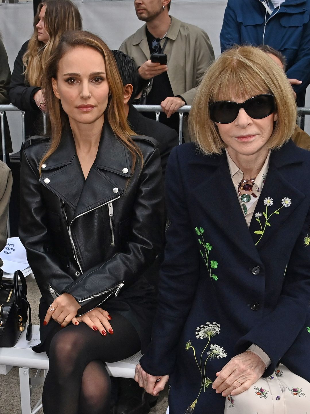 Greta Gerwig, Natalie Portman and Editor-In-Chief of American Vogue and Chief Content Officer of Conde Nast Dame Anna Wintour attend the Stella McCartney show during Paris Fashion Week Womenswear Spring/Summer 2025 on September 30, 2024 in Paris, France. (Photo by Dave Benett/Getty Images for Stella McCartney)