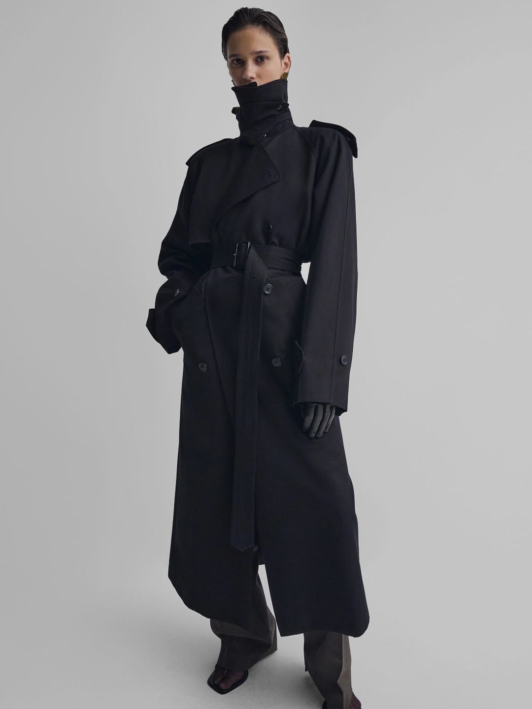 Long Trench Coat In Black Cotton Drill - Phoebe Philo