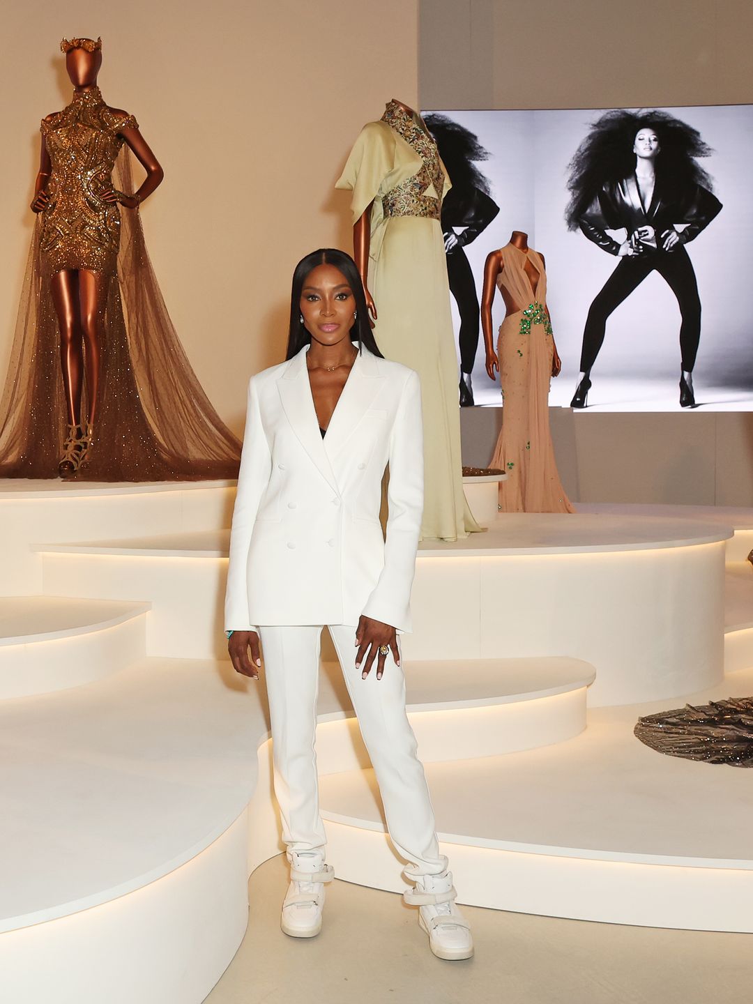 aomi Campbell is pictured at the V&A ahead of the upcoming "Naomi: In Fashion" exhibition, supported by BOSS, on June 18, 2024 in London, England