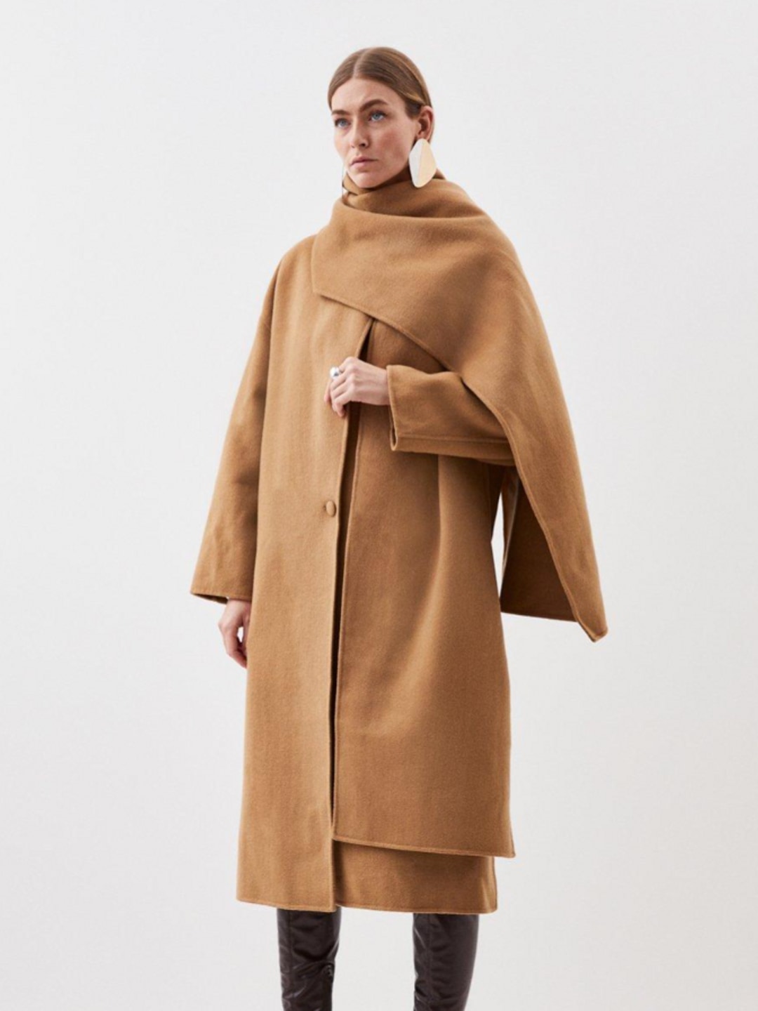 Model wearing Karen Millen camel scarf coat 