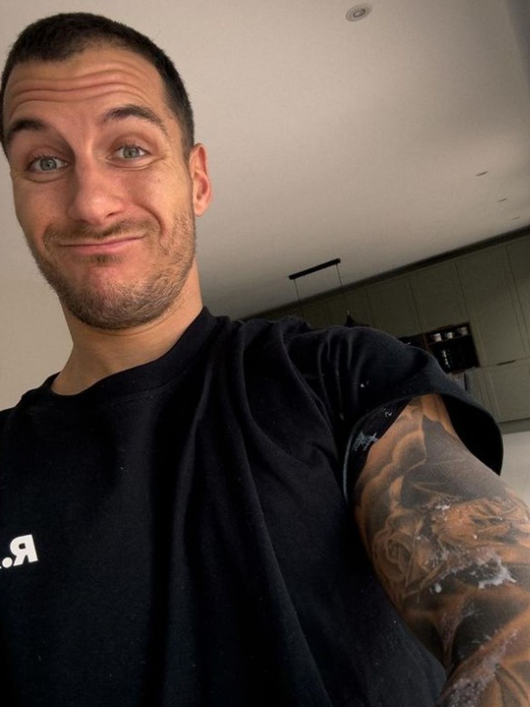 Gorka Marquez shows his arm covered in baby sick