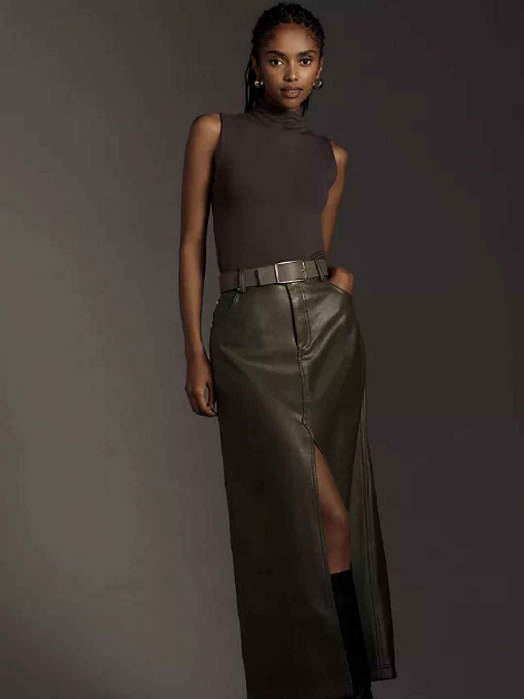 Model wearing khaki leather skirt 