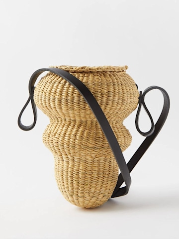 Mini Wave leather-trimmed raffia shoulder bag