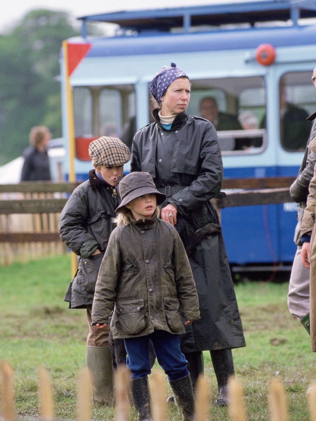 zara, anne and peter in waxed jackets at windsor horse trials