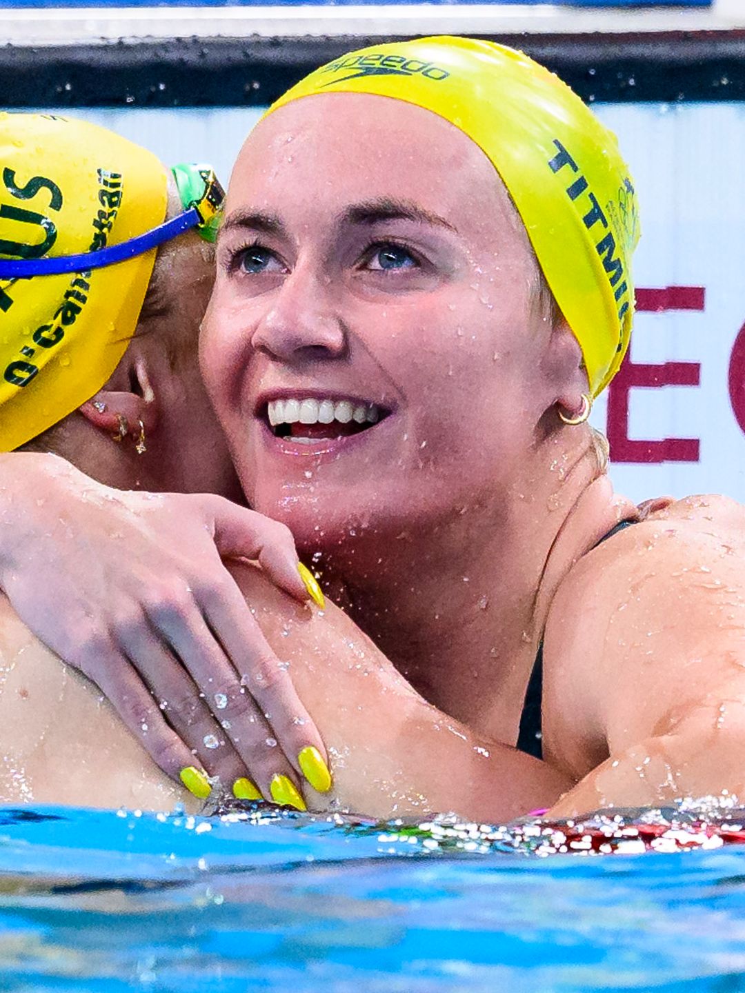 Mollie O’Callaghan  from Australia and Ariarne Titmus from Australia after the Women's 200m Freestyle Final on day three of the Olympic Games Paris 2024