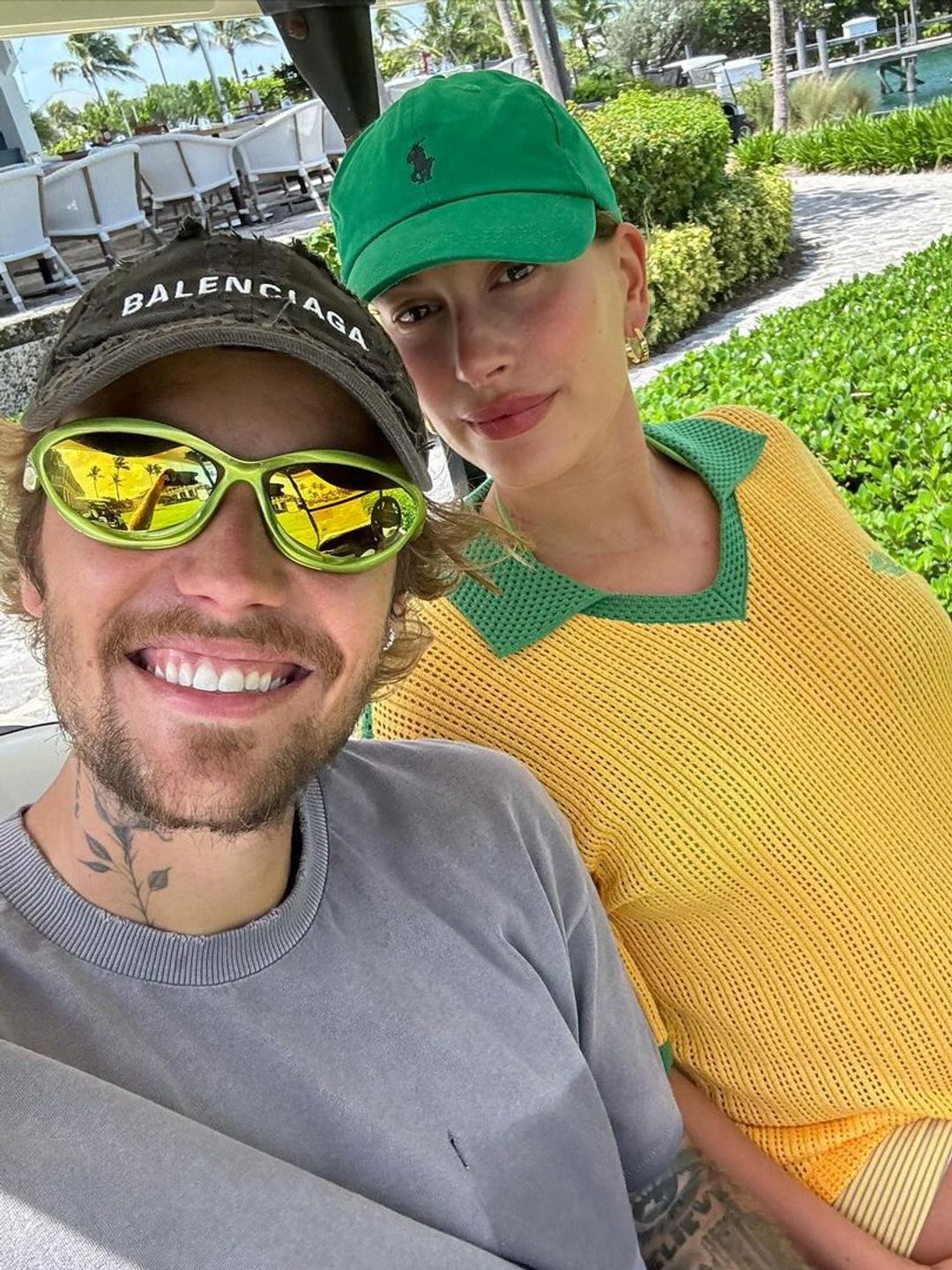 Hailey Bieber opted for a sunny crochet polo top with shamrock green accents