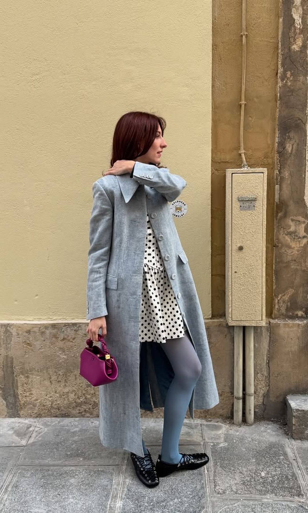 verona farrell in polka dot dress