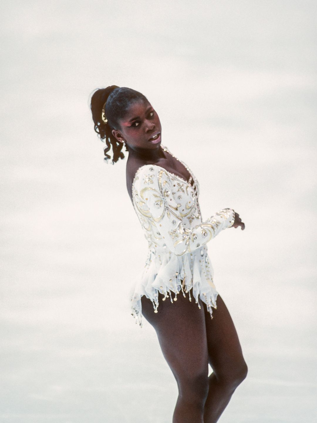 Surya Bonaly of France competes in the Free Skate portion of the Women's Figure Skating singles competition of the 1994 Winter Olympic Games