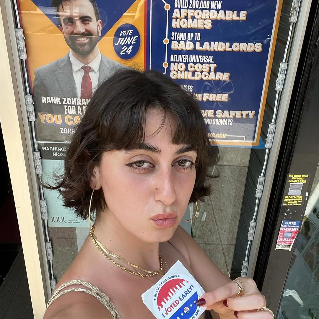 Rama Duwaji shares a selfie with her "I Voted Early" sticker in front of a poster of her husband Zohran Mamdani on Instagram