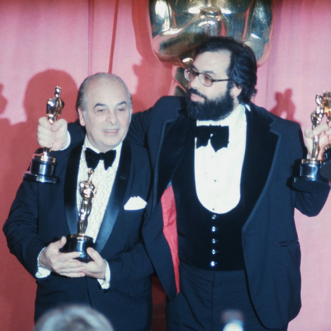 Director Francis Ford Coppola with his father Carmine pose backstage with his Oscar after winning "Best Director" and "Best Picture" award during the 47th Academy Awards at Dorothy Chandler Pavilion in Los Angeles,California.