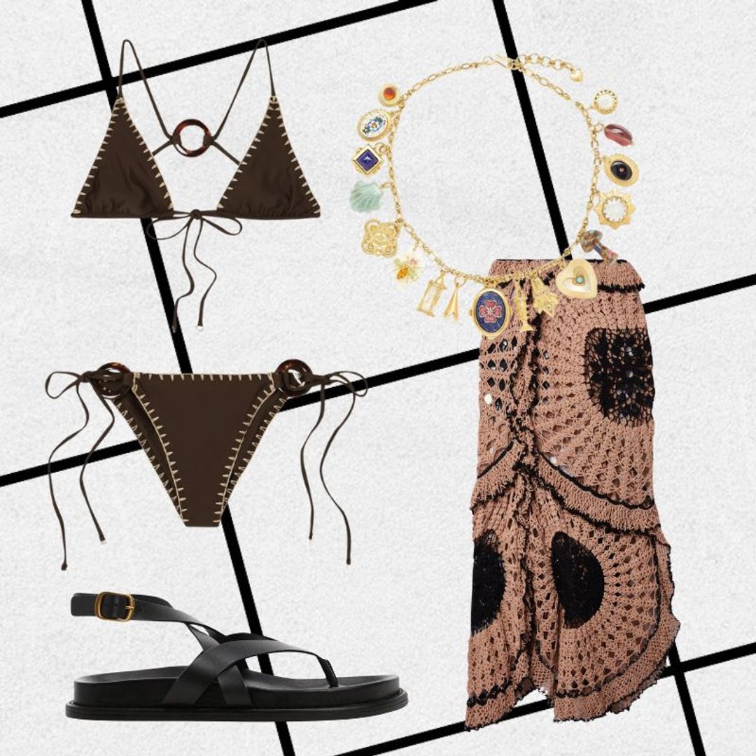 Beach outfit consisting of brown bikini, crochet skirt, leather sandals, gold charm necklace 