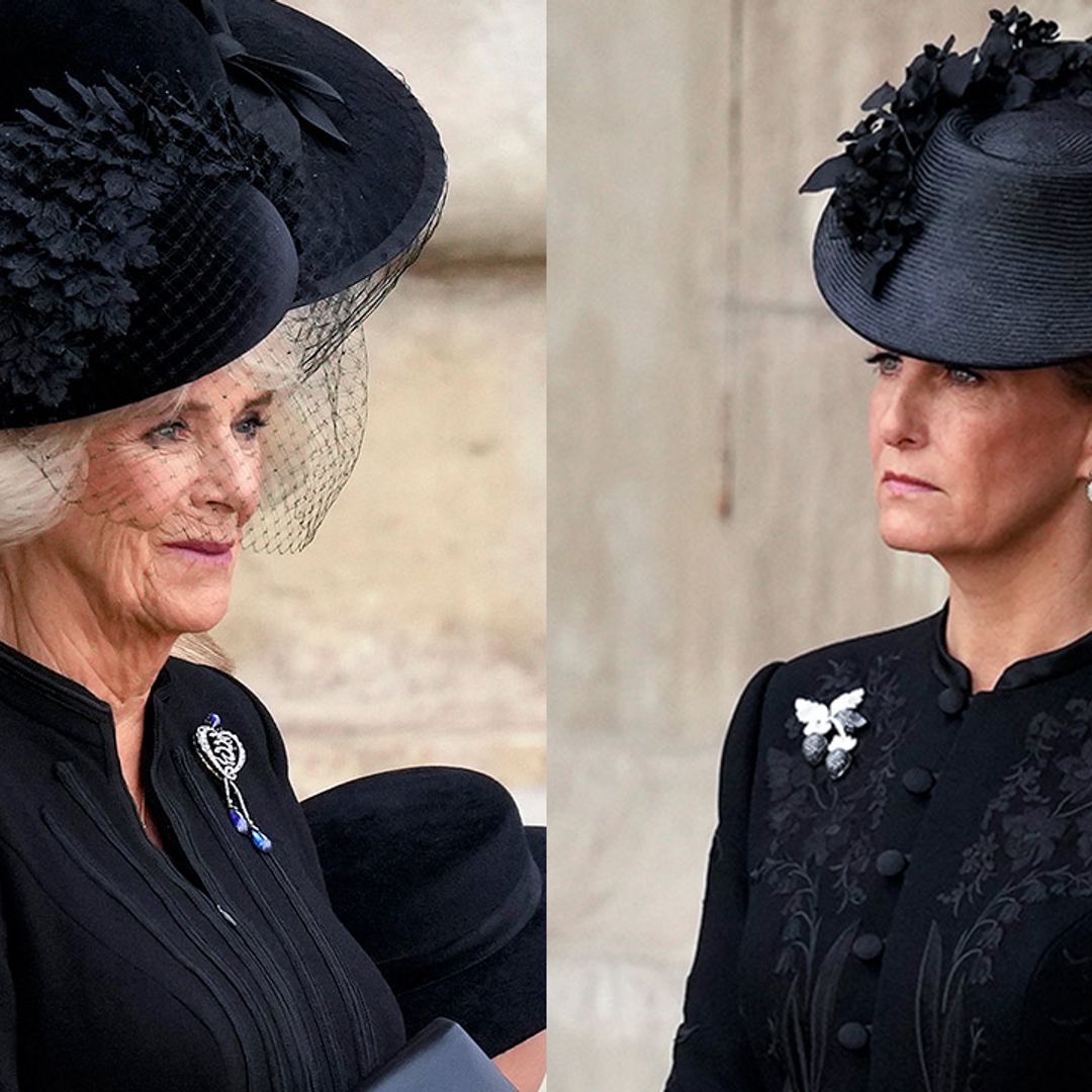 Queen Camilla Consort and the Countess of Wessex's matching handbags at Queen's funeral