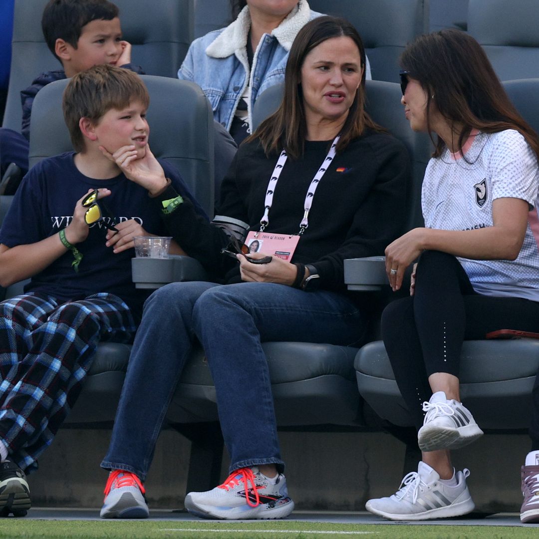 Actress Jennifer Garner and son Samuel Garner Affleck on the sidelines during the game between the Houston Dash and the Angel City FC during a 1-0 Dash win at BMO Stadium on May 12, 2024 in Los Angeles, California.