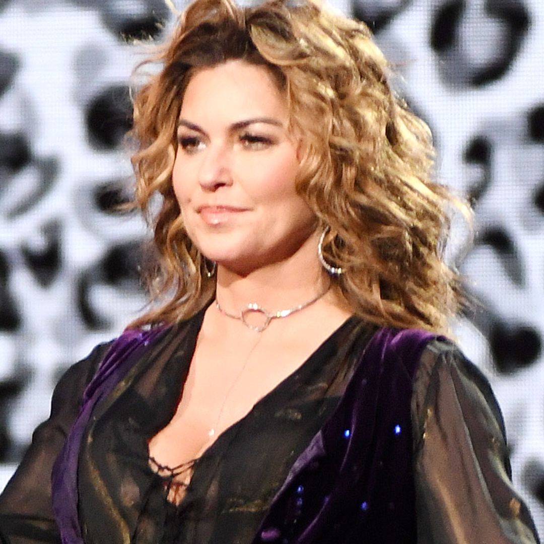Shania Twain is a rock chick in skintight leather flares and sheer bodysuit