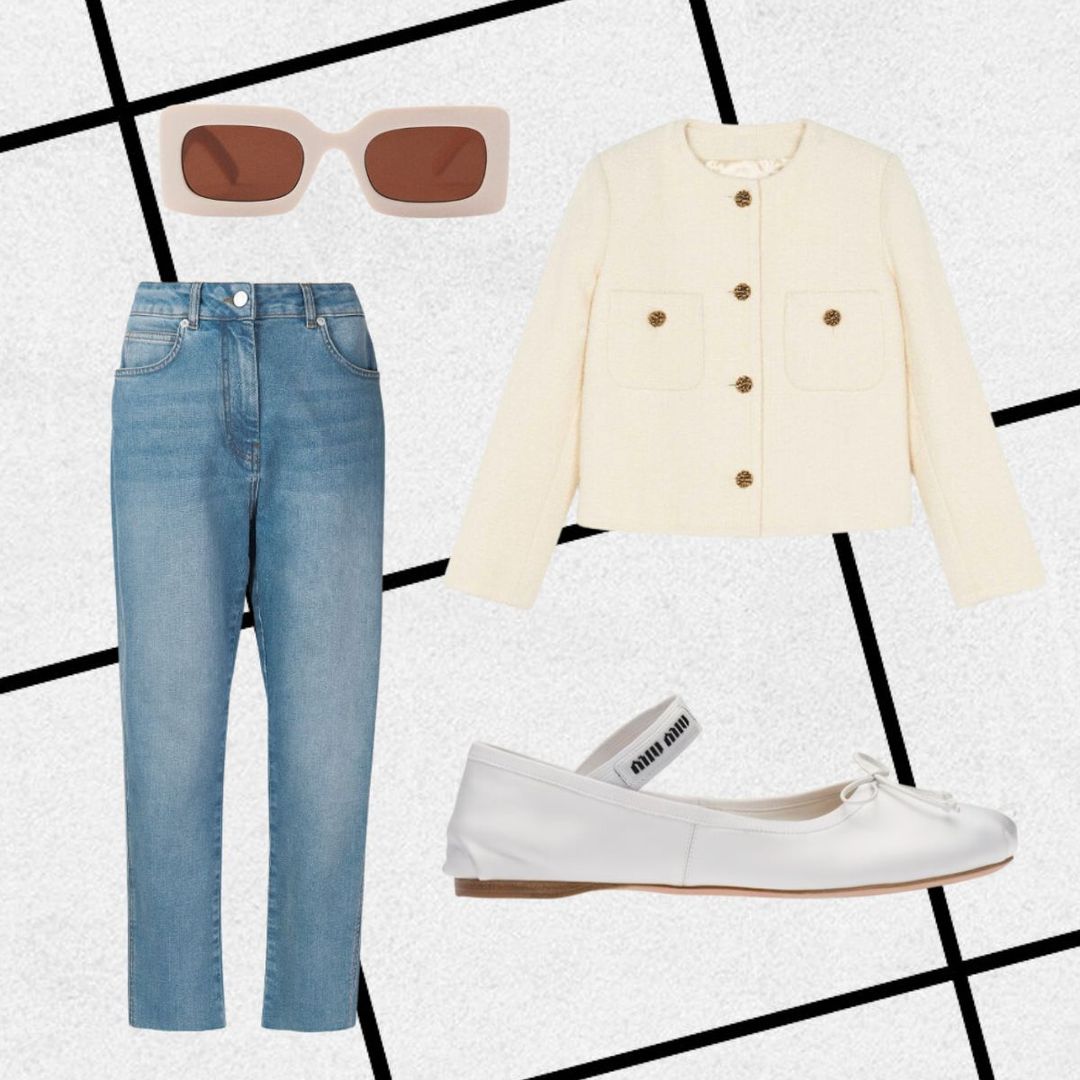 Outfit consisting of cream roundneck cream jacket, straight-leg jeans, ballet pumps and rectangular sunglasses 
