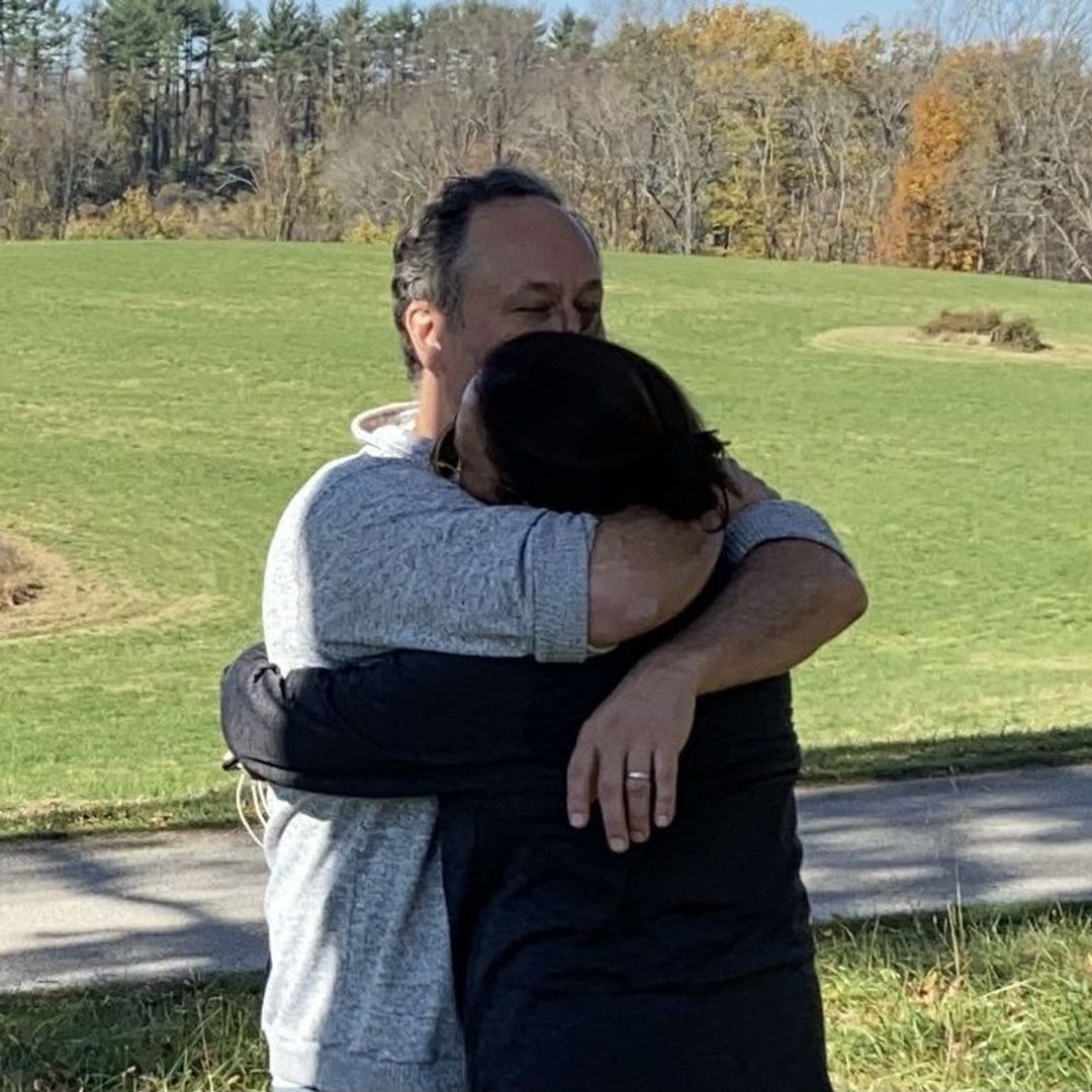 Kamala Harris and Doug Emhoff embrace while on a morning walk, shared on Instagram