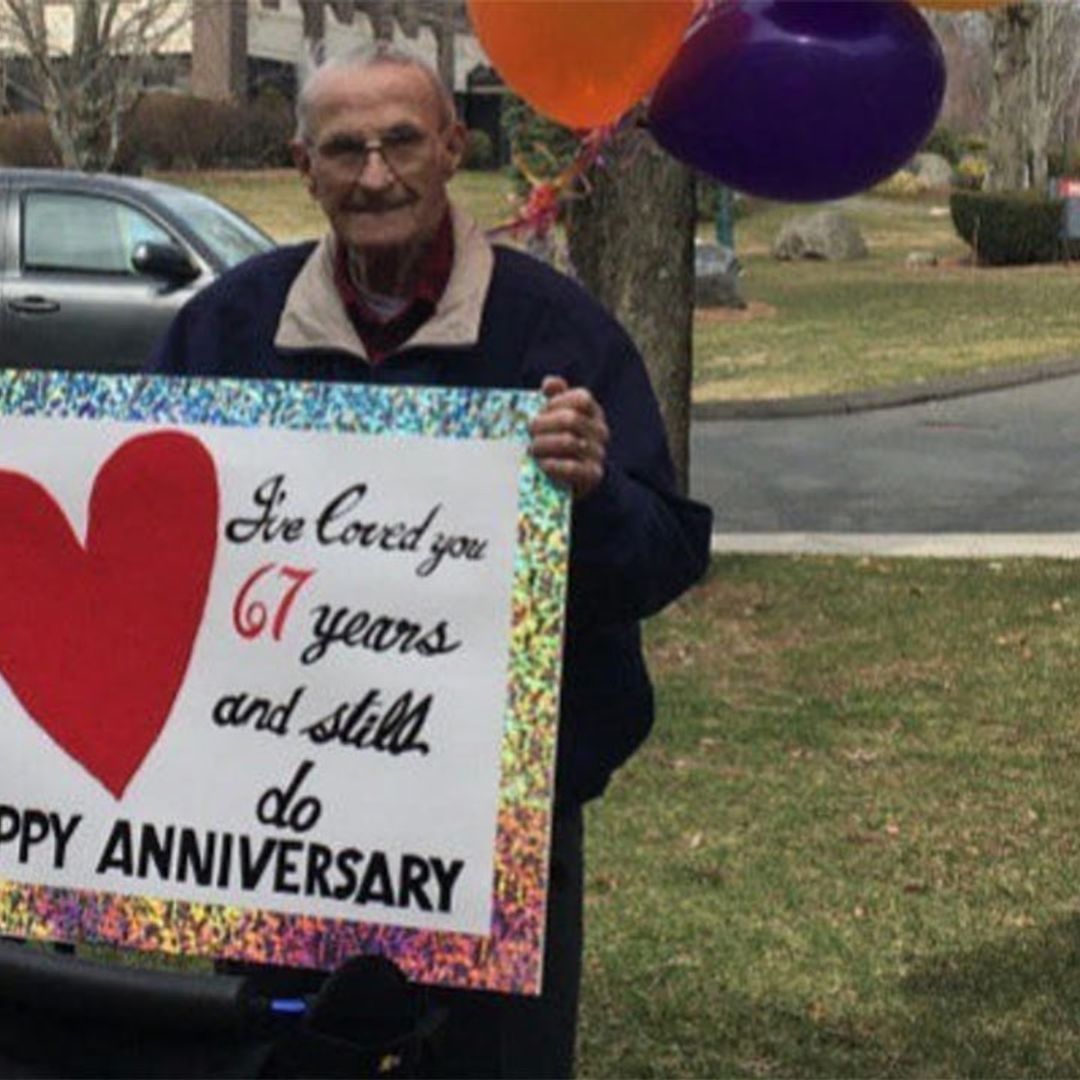 Bob in Connecticut couldn't visit his wife in her care home so he made a sign and stood outside instead