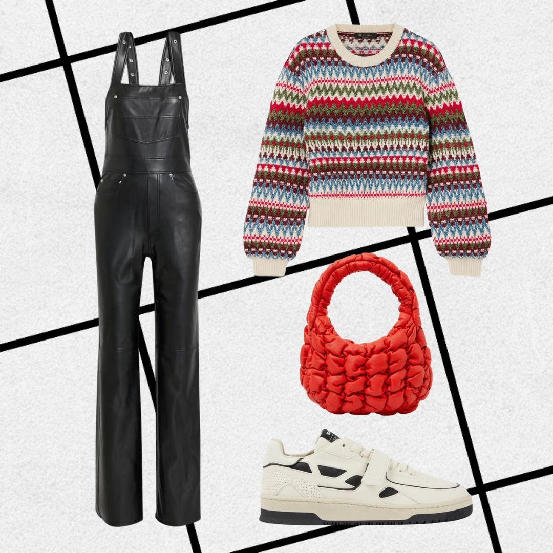 Outfit consisting of leather dungarees, striped knit jumper, cream trainers and red bag 