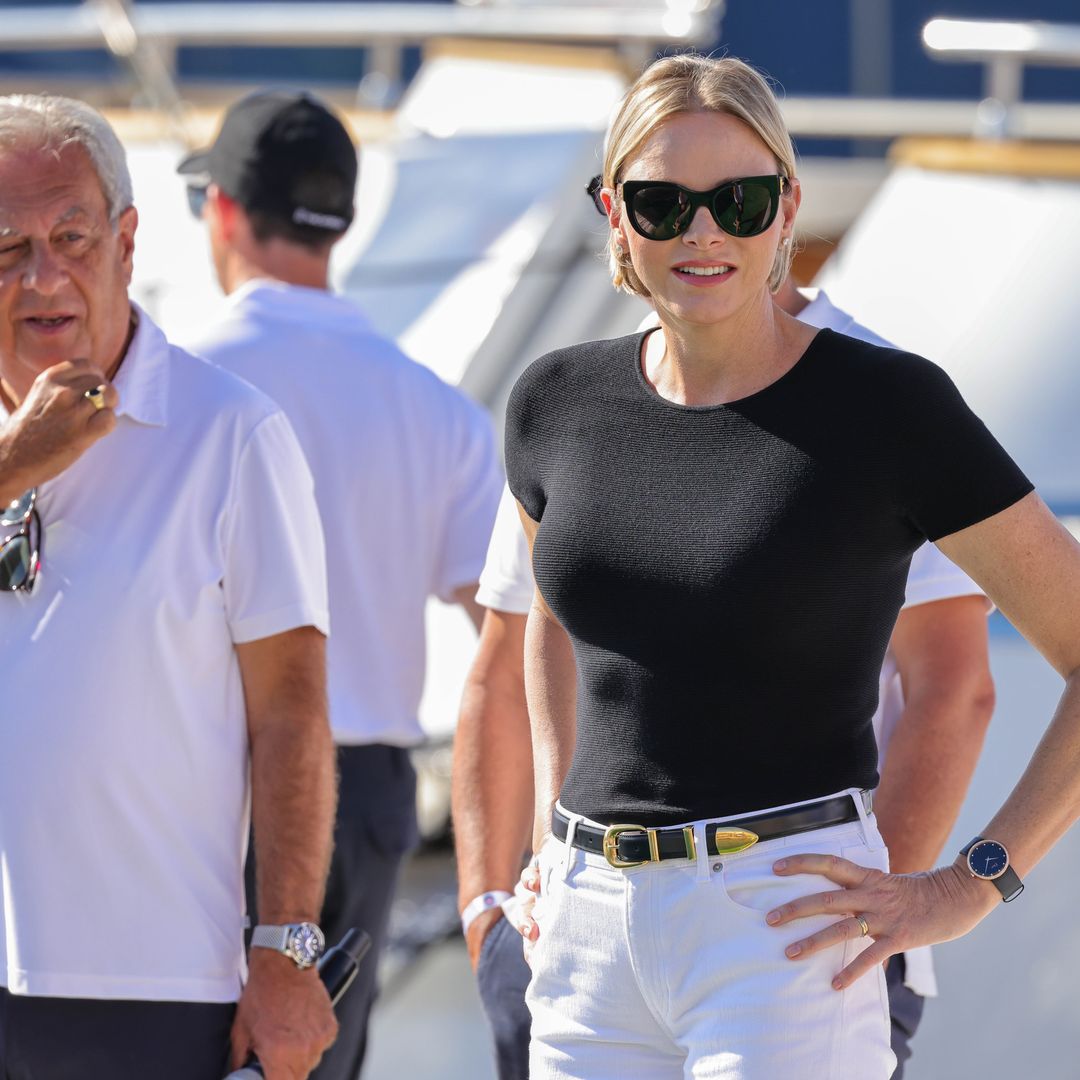 Princess Charlene looks ultra-athletic in fitted top and skinny jeans