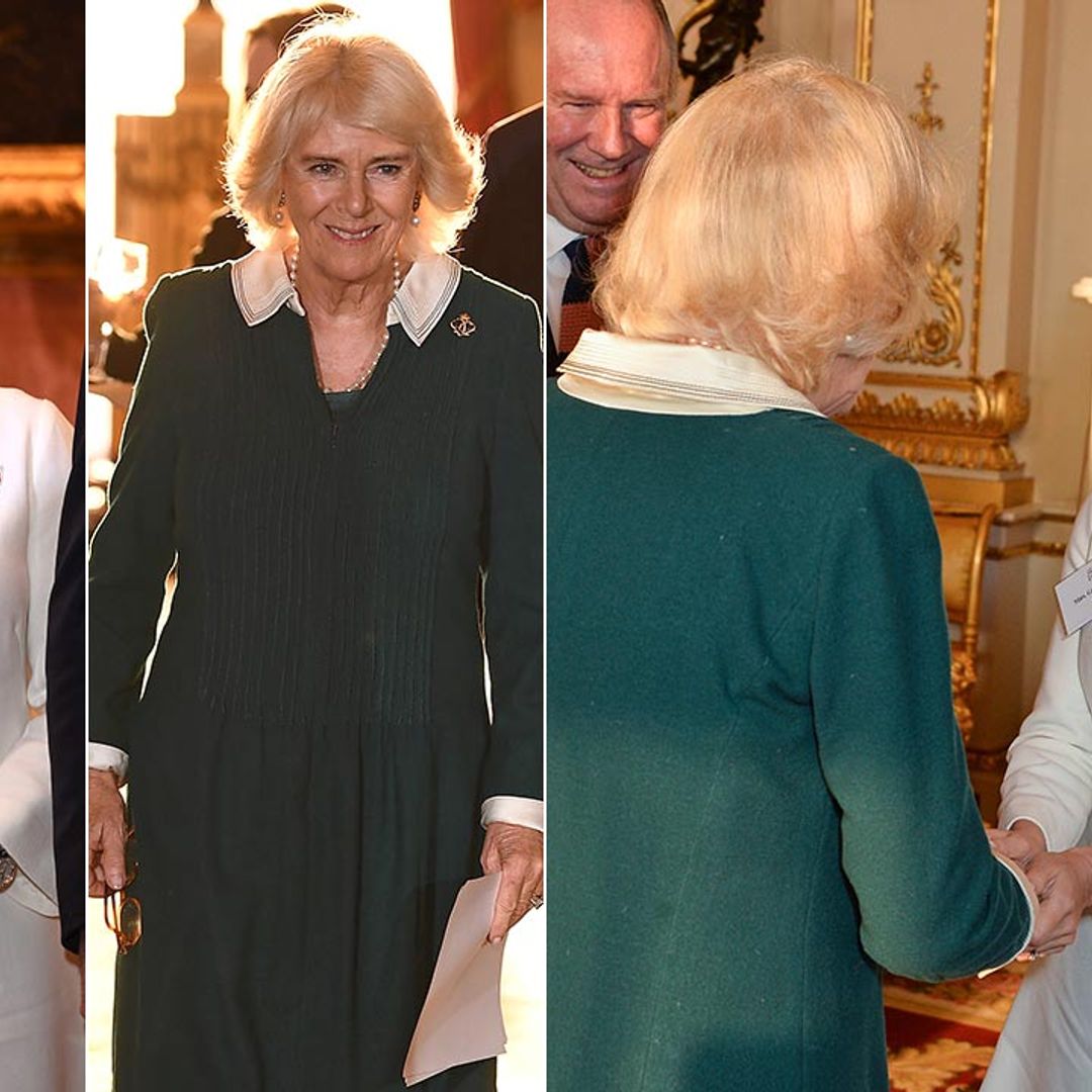 The Duchess of Cornwall is a dream in green as she greets Geri Halliwell at Buckingham Palace