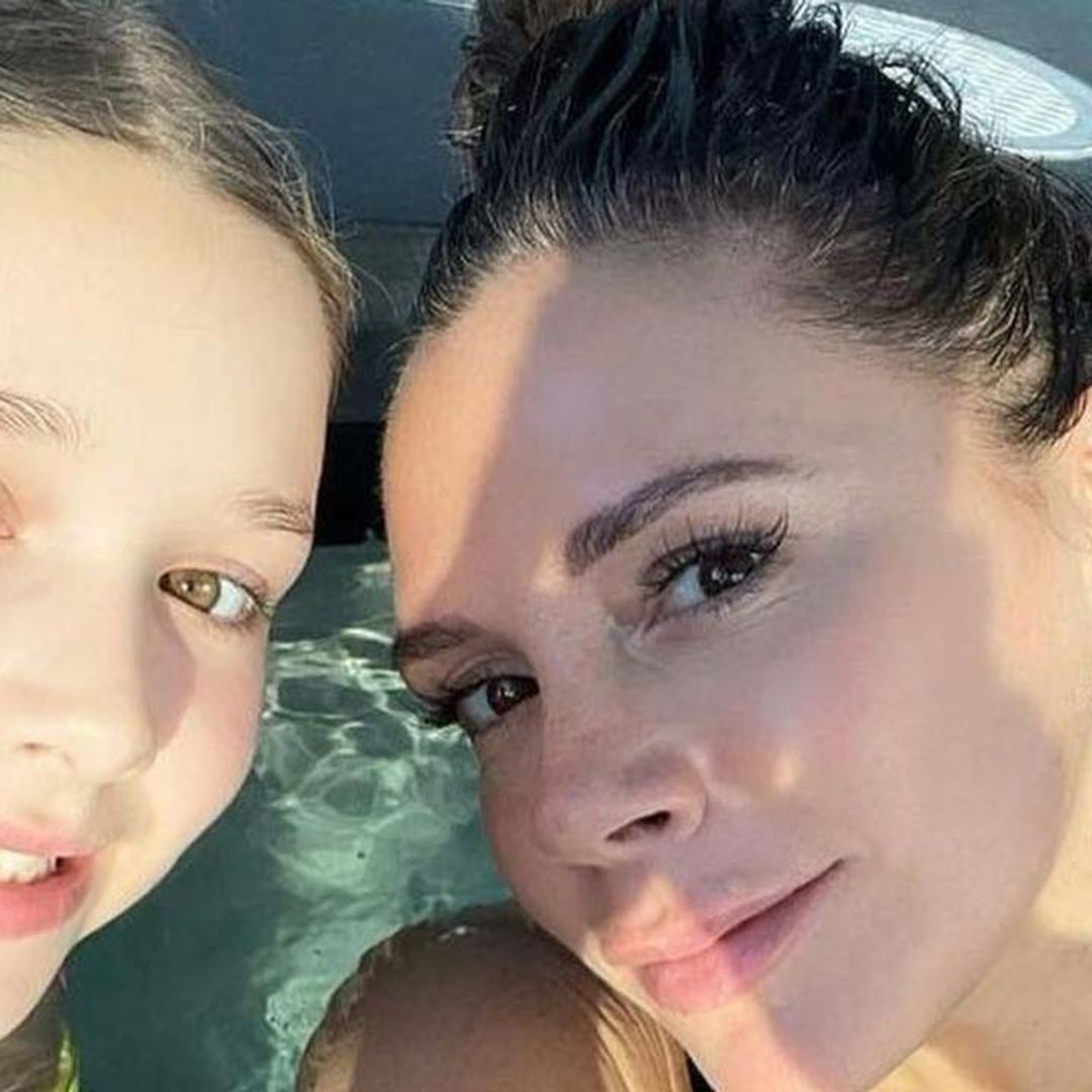 Sunkissed Victoria Beckham poses poolside with daughter Harper Seven