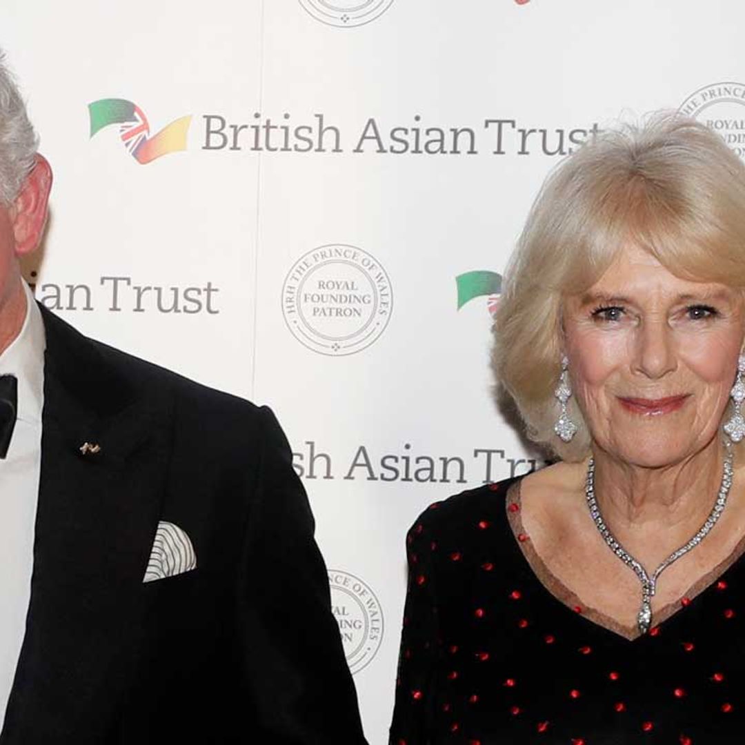 The Duchess of Cornwall looks glamorous in polka dots at black tie dinner