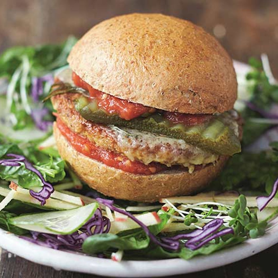 Jamie Oliver's Mega veggie burgers with garden salad & basil dressing recipe
