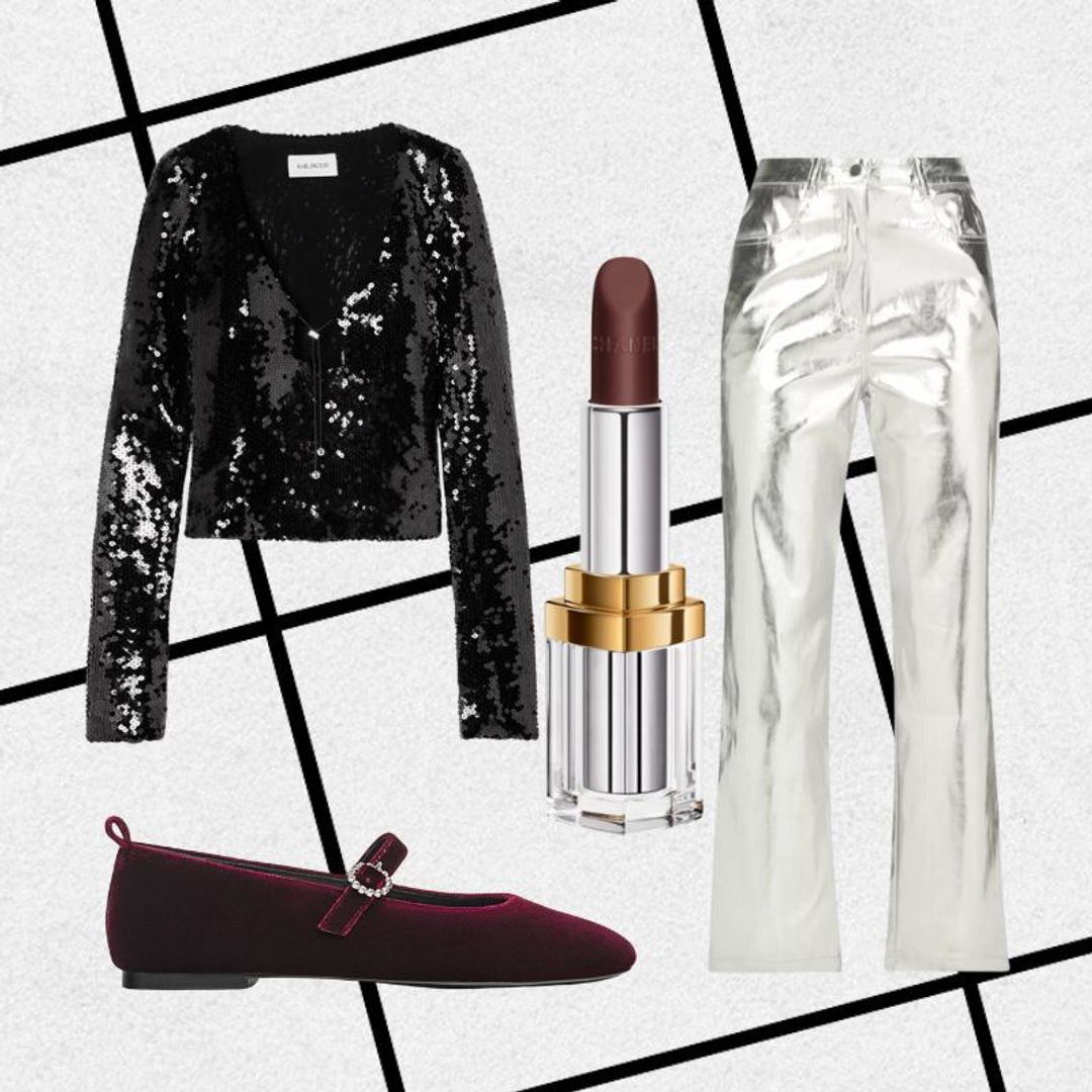 Outfit consisting of black sequin top, silver trousers, burgundy velvet flats and Chanel lipstick 