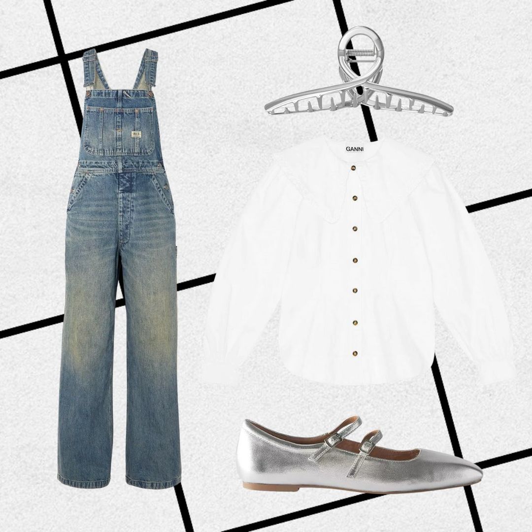 Outfit consisting of blue denim dungarees, silver pumps, silver claw clip and frill shirt 