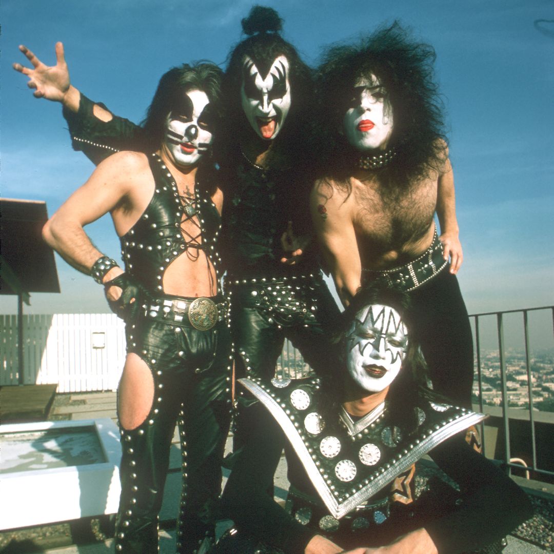 Ace Frehley, Paul Stanley, Peter Criss, and Gene Simmons of the rock and roll band Kiss pose for a portrait session in January 1975 in Los Angeles, California
