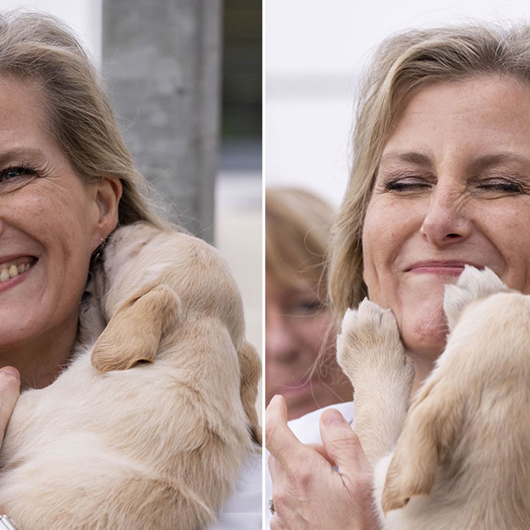 Countess of Wessex can't stop giggling as she meets adorable dogs during royal outing